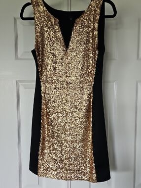 'Single'-by GALINA SOBOLEV- Gold Sequin Front Black Midi Dress-Made in USA